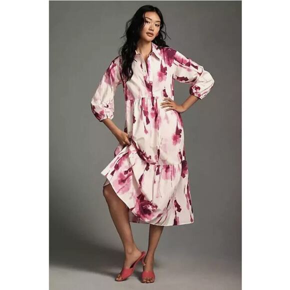 Anthropologie Dresses & Skirts - Anthropologie Maeve Bettina Dress Tiered Shirt Buttondown Watercolor Pink Small